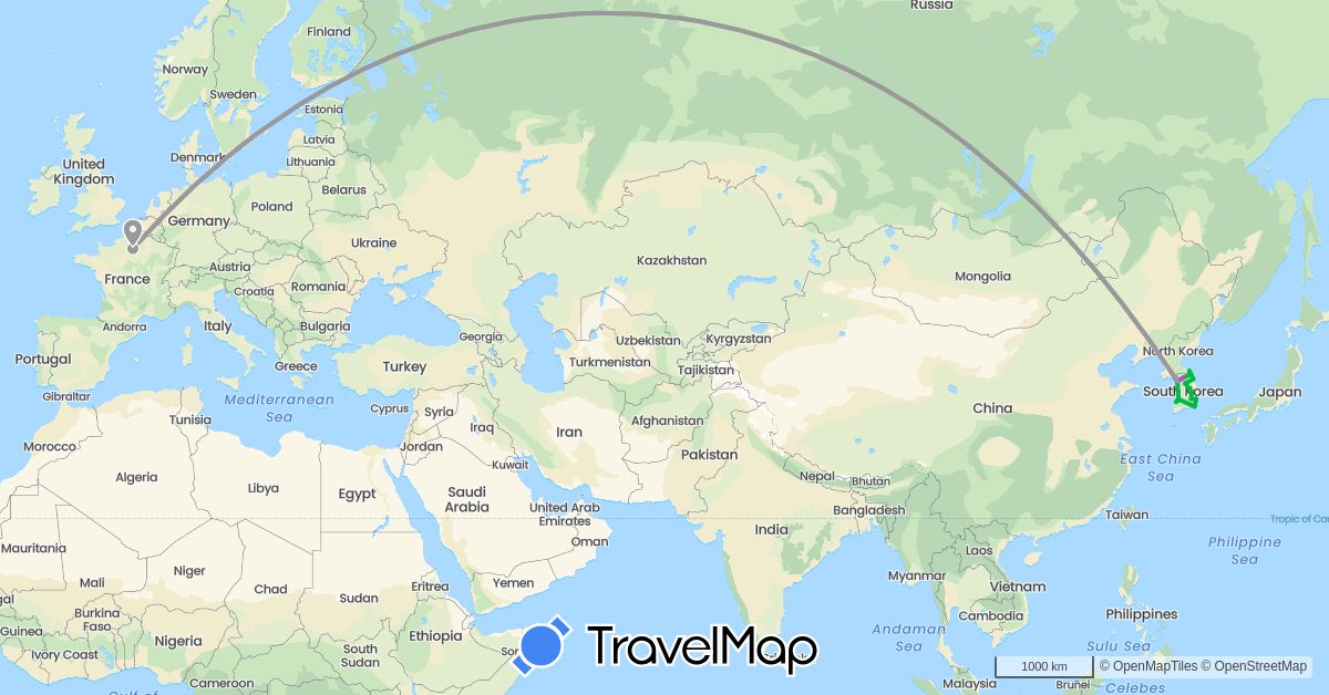 TravelMap itinerary: bus, plane, train in France, South Korea (Asia, Europe)